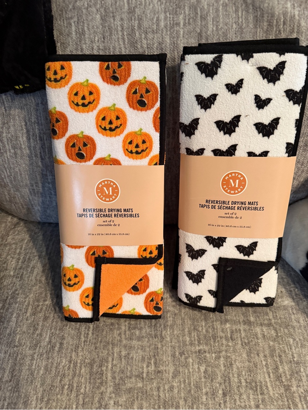Martha Stewart Halloween Reversible Drying Mats - Orange Pumpkin & Black Bat Set